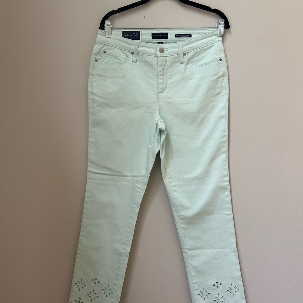 Charter club women’s size 6 Bristol skinny ankle jeans mint green Eyelet Hem NWT